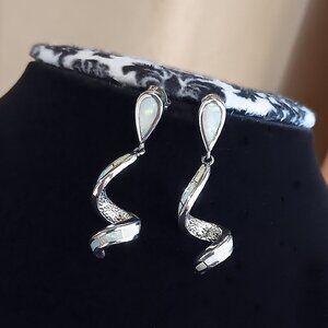 New - Spiral White Fire Opal Silver Earrings